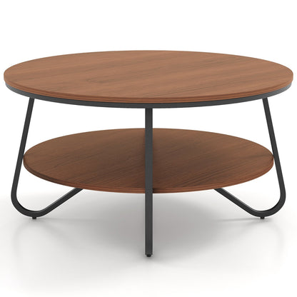33.5 Inch Round Coffee Table with Wood Grain Finish and Heavy-duty Metal Frame-Walnut