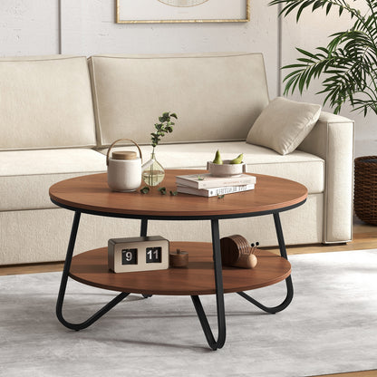 33.5" Round Coffee Table with Wood Grain Finish and Heavy-duty Metal Frame-Walnut