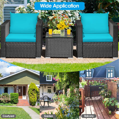 3 Pieces Patio Wicker Conversation Set with Cushion-Black