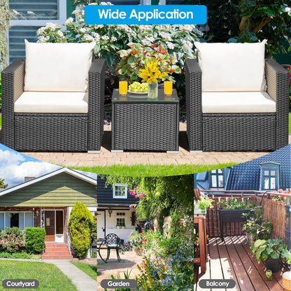 3 Pieces Patio Wicker Conversation Set with Cushion-Black