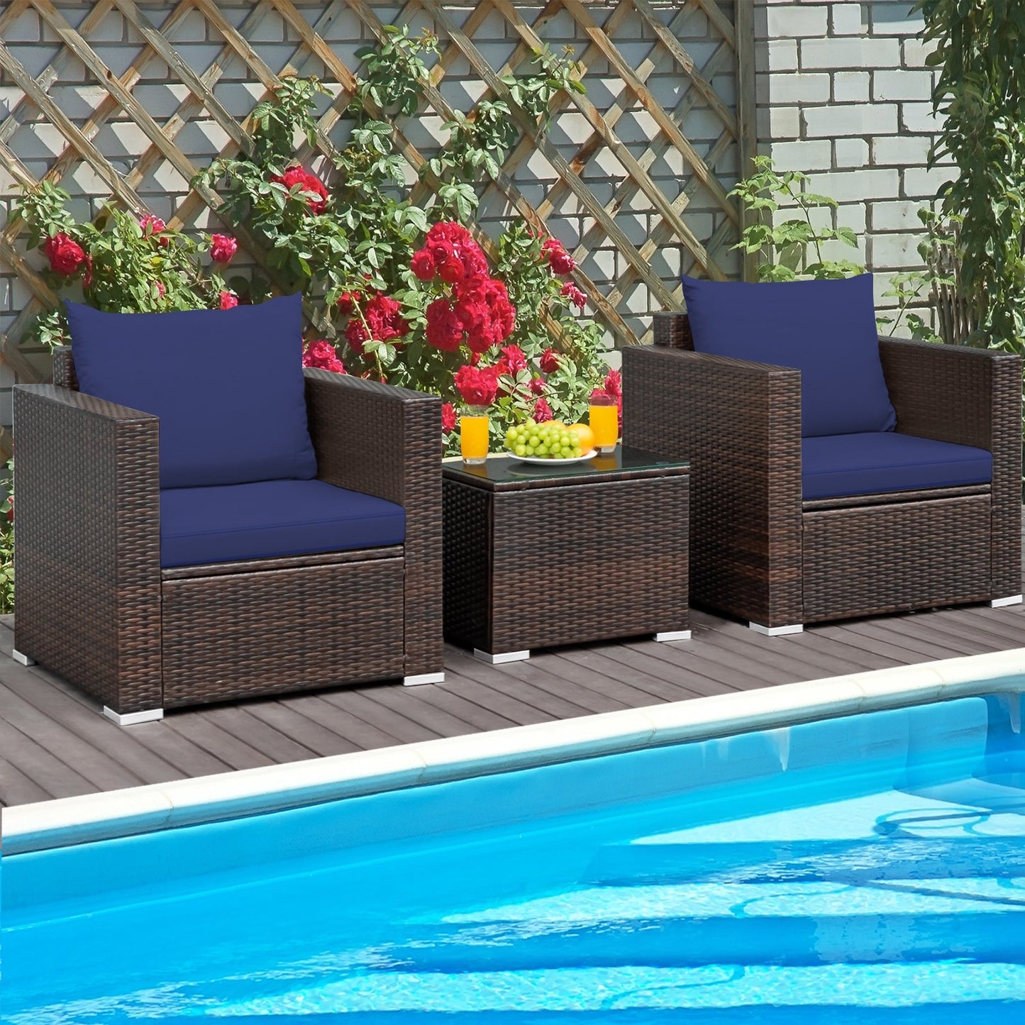 3 Pcs Patio Conversation Rattan Furniture Set with Cushion-Beige