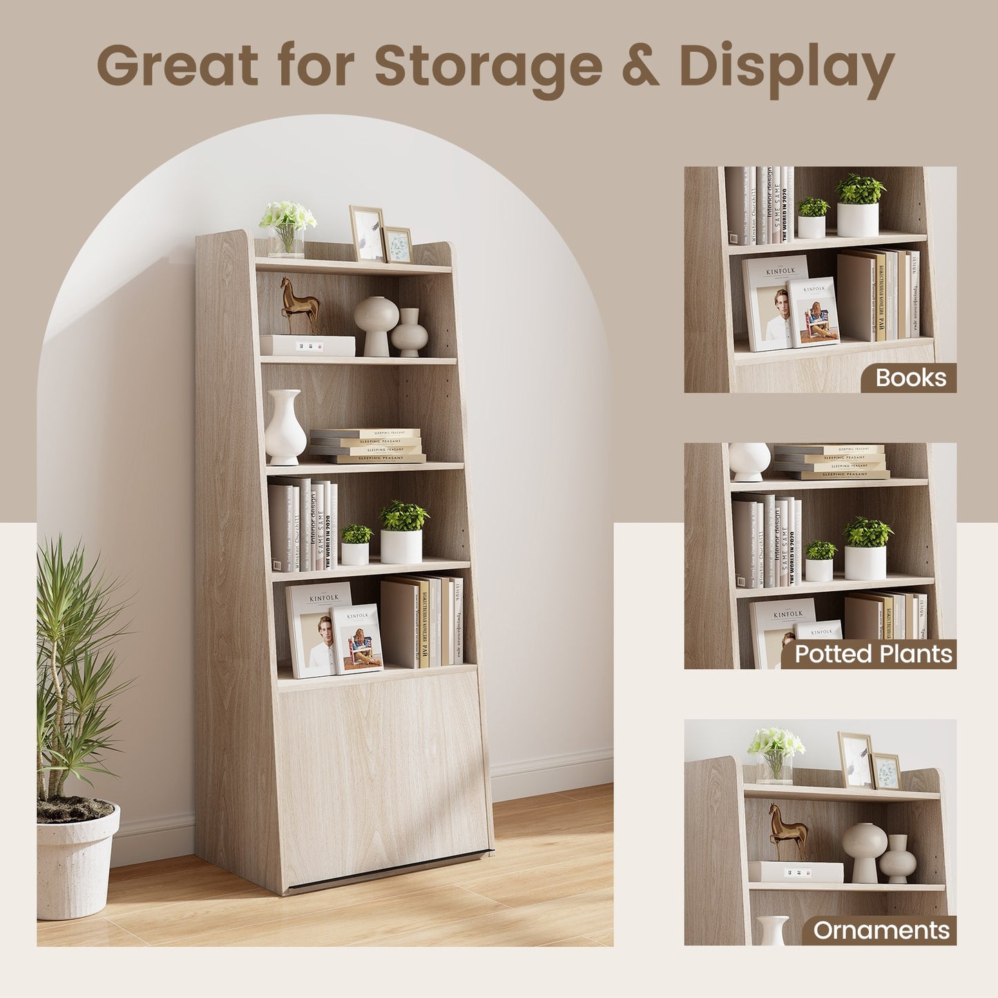 6-Tier Bookcase Freestanding Ladder Bookshelf with 2 Adjustable Shelves and Flip Up Door-Natural
