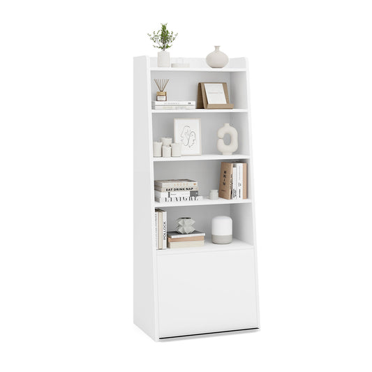 6-Tier Bookcase Freestanding Ladder Bookshelf with 2 Adjustable Shelves and Flip Up Door-White