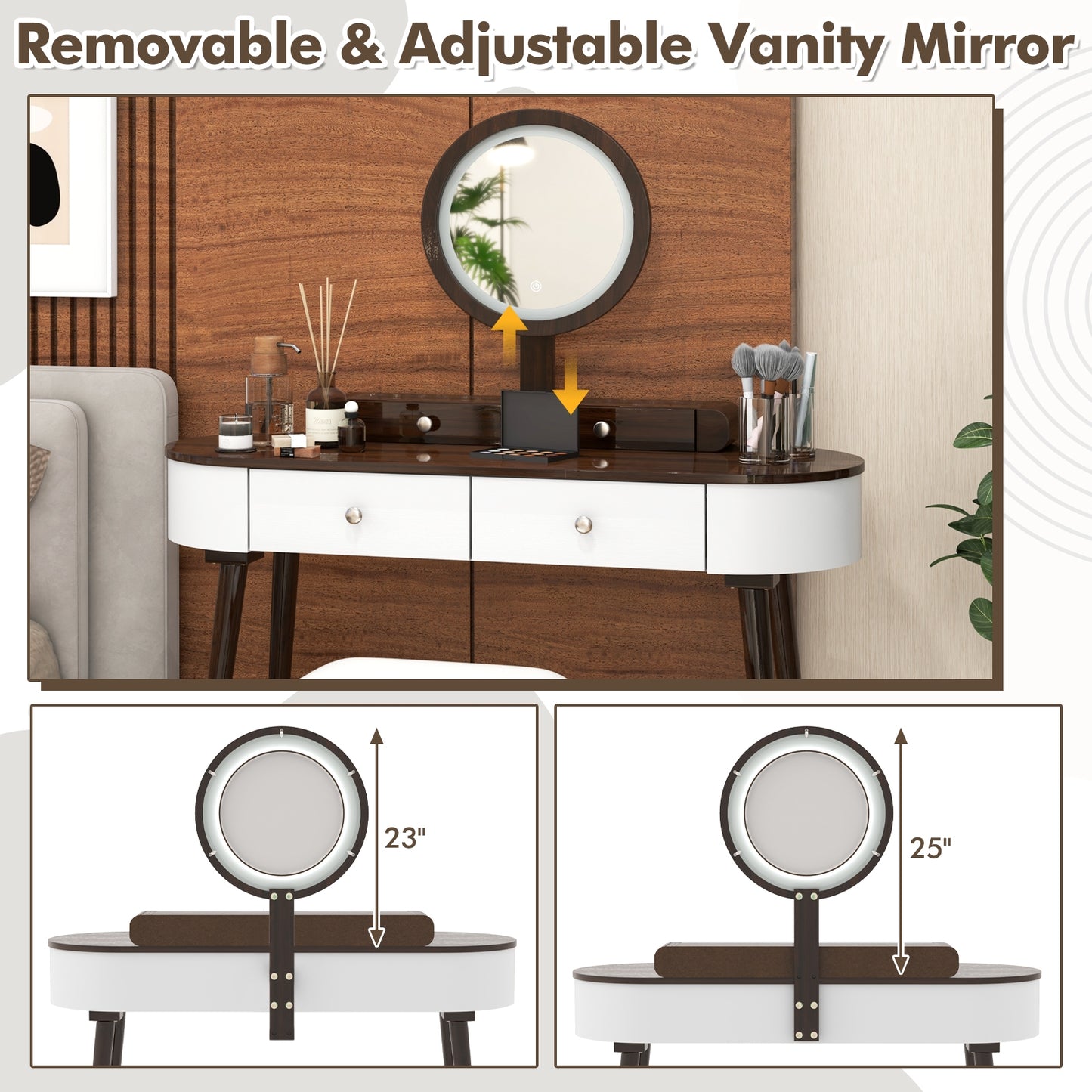 Makeup Vanity Table Set with LED Mirror and 3 Spacious Drawers-White-Brown