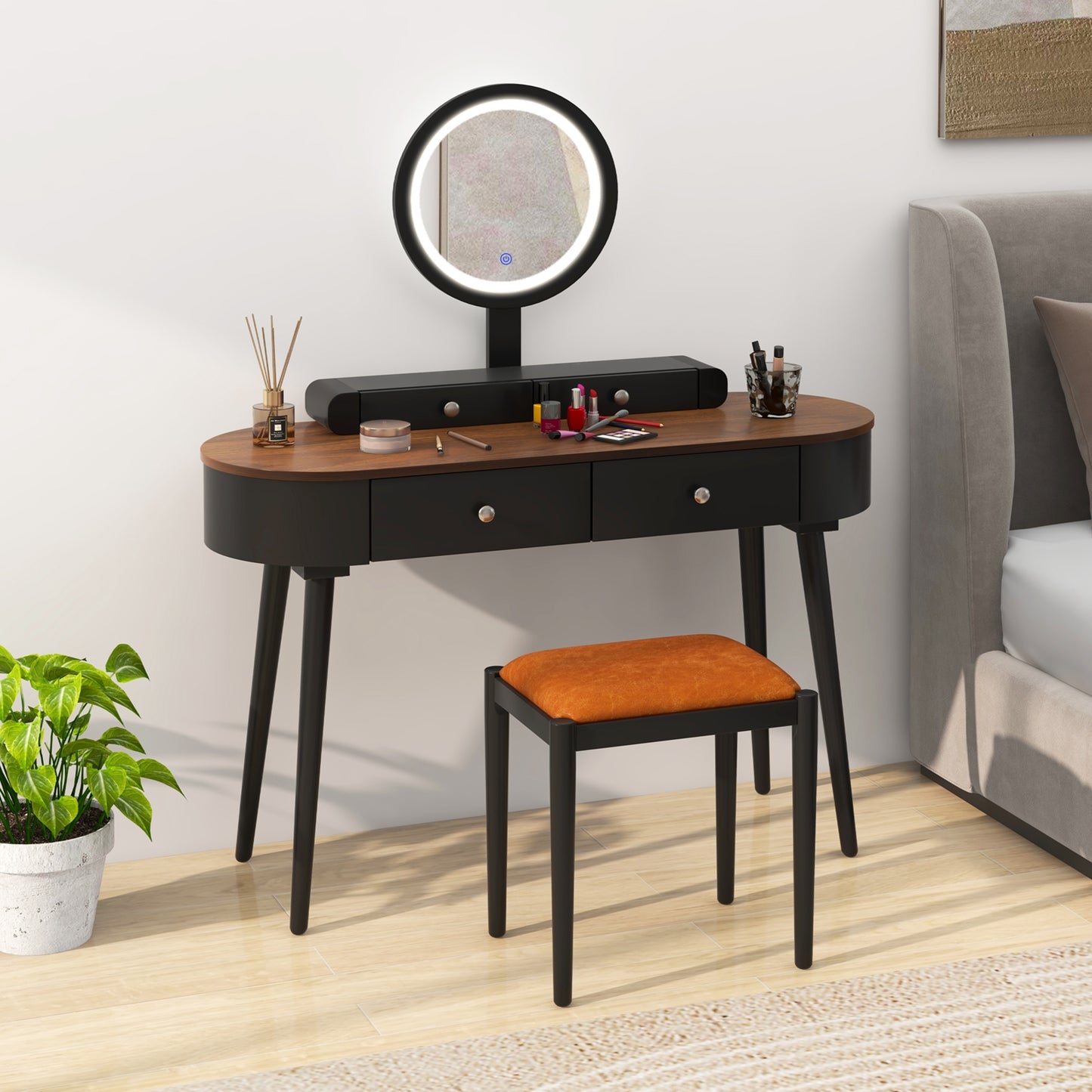 Makeup Vanity Table Set with LED Mirror and 3 Spacious Drawers-Black-Brown
