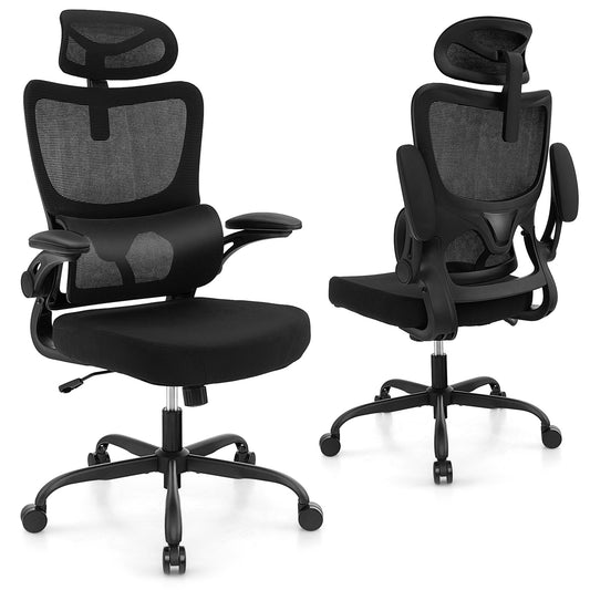 Mesh Office Chair with Adaptive Lumbar Support  Flip-up Armrests  Reclining Backrest-Black