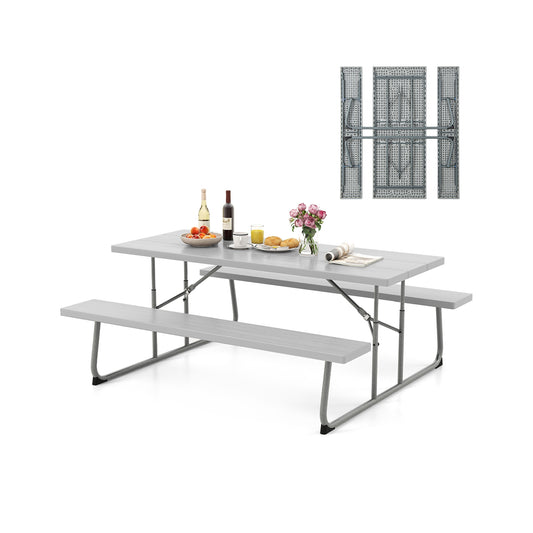 Folding Picnic Table Set with Metal Frame and All-Weather HDPE Tabletop  Umbrella Hole-Gray