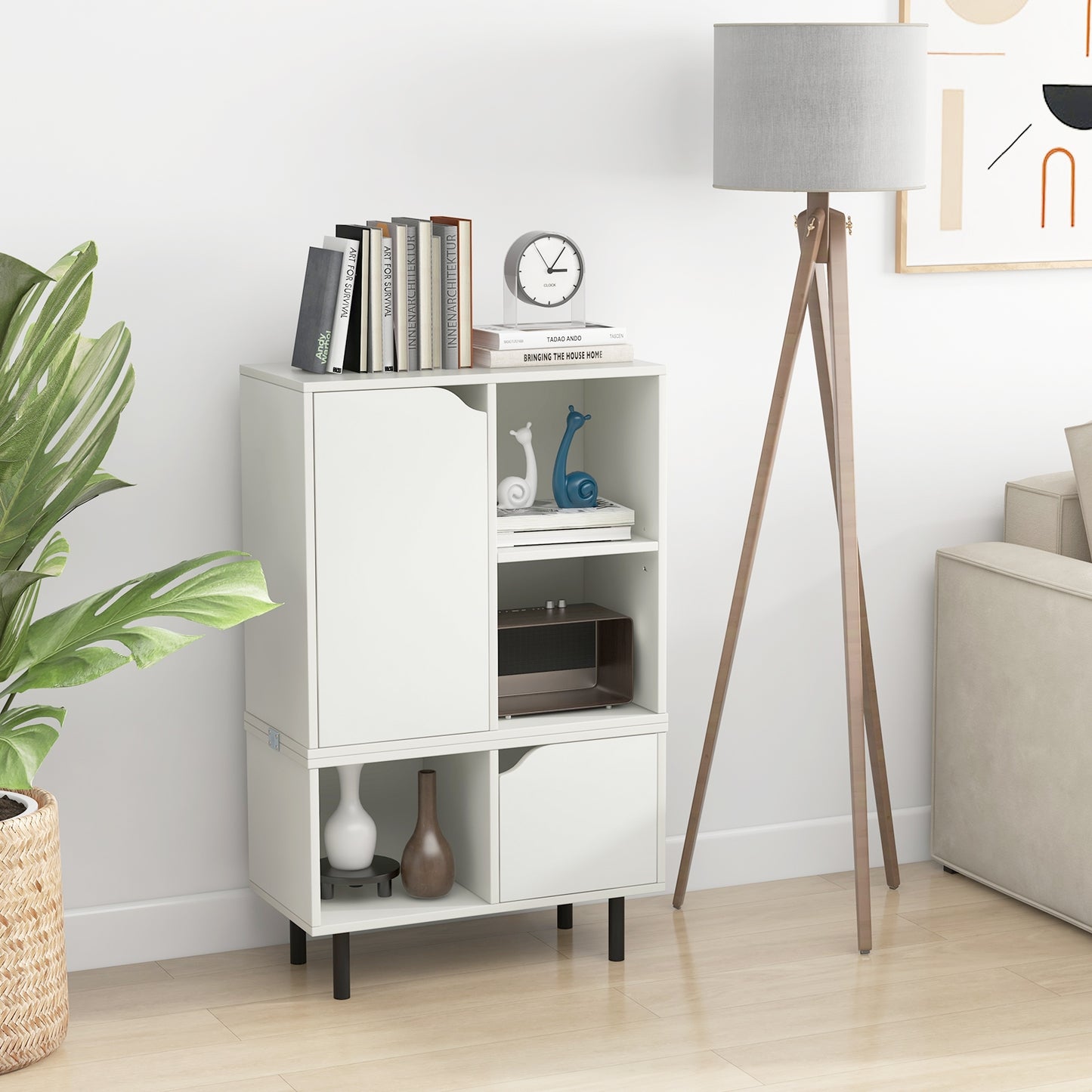 Stackable Bookcase with Adjustable Shelf and Cubes-White
