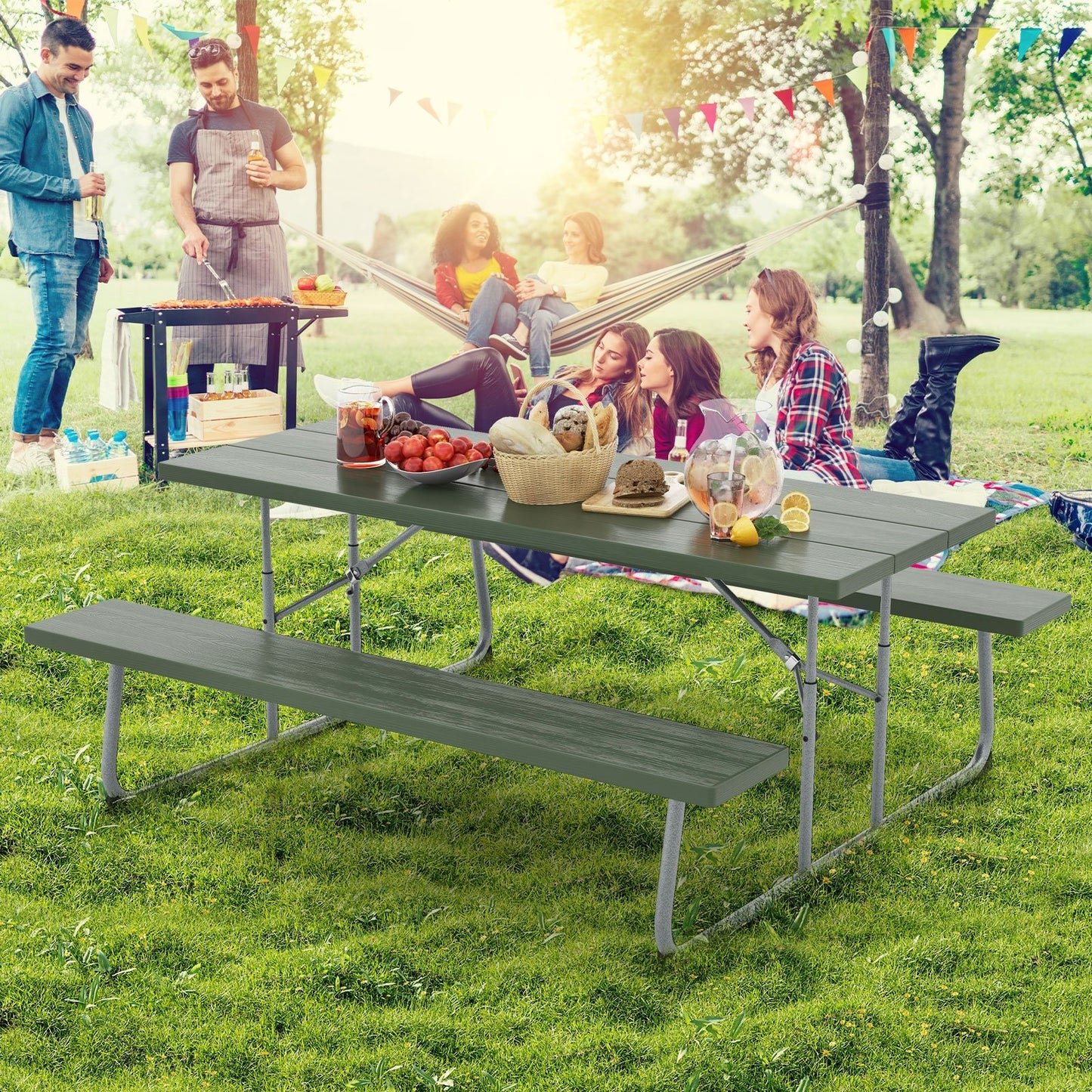 Folding Picnic Table Set with Metal Frame and All-Weather HDPE Tabletop  Umbrella Hole-Black