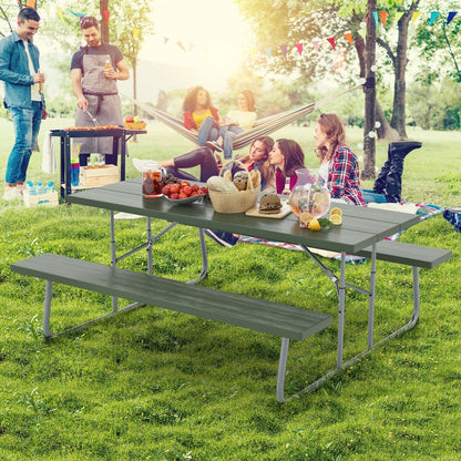 Folding Picnic Table Set with Metal Frame and All-Weather HDPE Tabletop  Umbrella Hole-Black