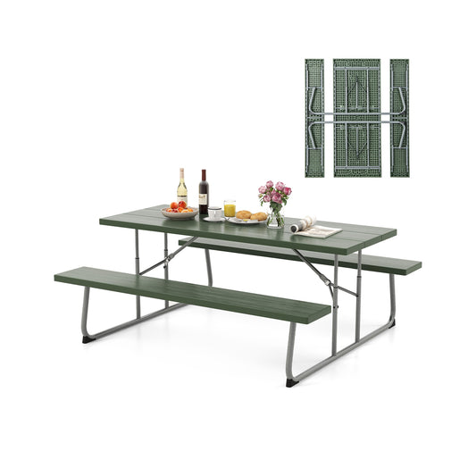 Folding Picnic Table Set with Metal Frame and All-Weather HDPE Tabletop  Umbrella Hole-Green