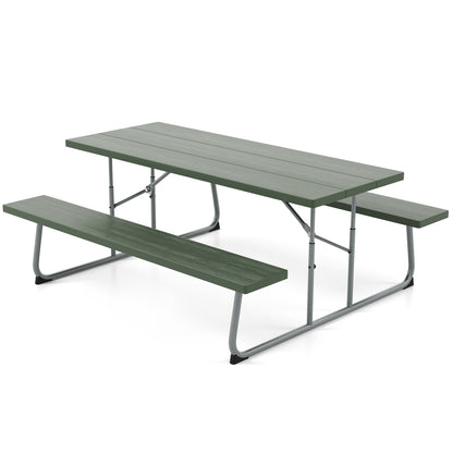 Folding Picnic Table Set with Metal Frame and All-Weather HDPE Tabletop  Umbrella Hole-Green