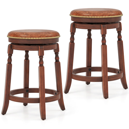 24" Swivel Bar Stool Set of 2 with Upholstered Seat and Rubber Wood Frame