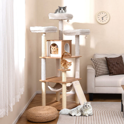 68 Inch Tall Cat Tree with 3 Padded Perches Condo and Sisal Scratching Posts-Natural