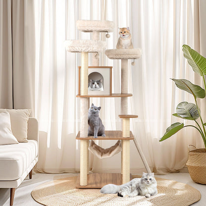 68 Inch Tall Cat Tree with 3 Padded Perches Condo and Sisal Scratching Posts-Natural
