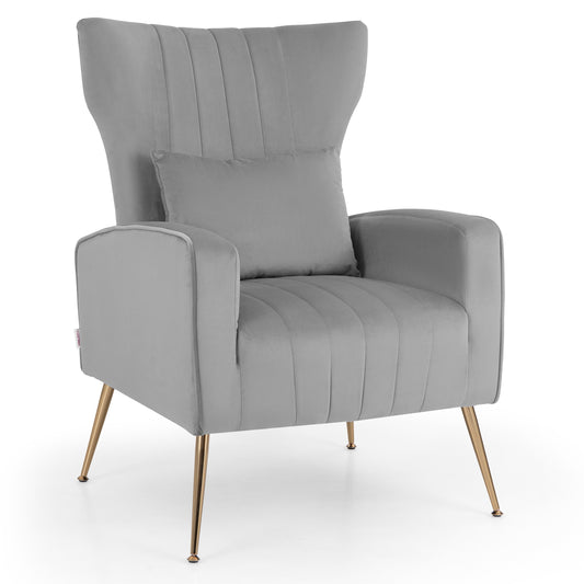 Velvet Upholstered Wingback Chair with Lumbar Pillow and Golden Metal Legs-Gray