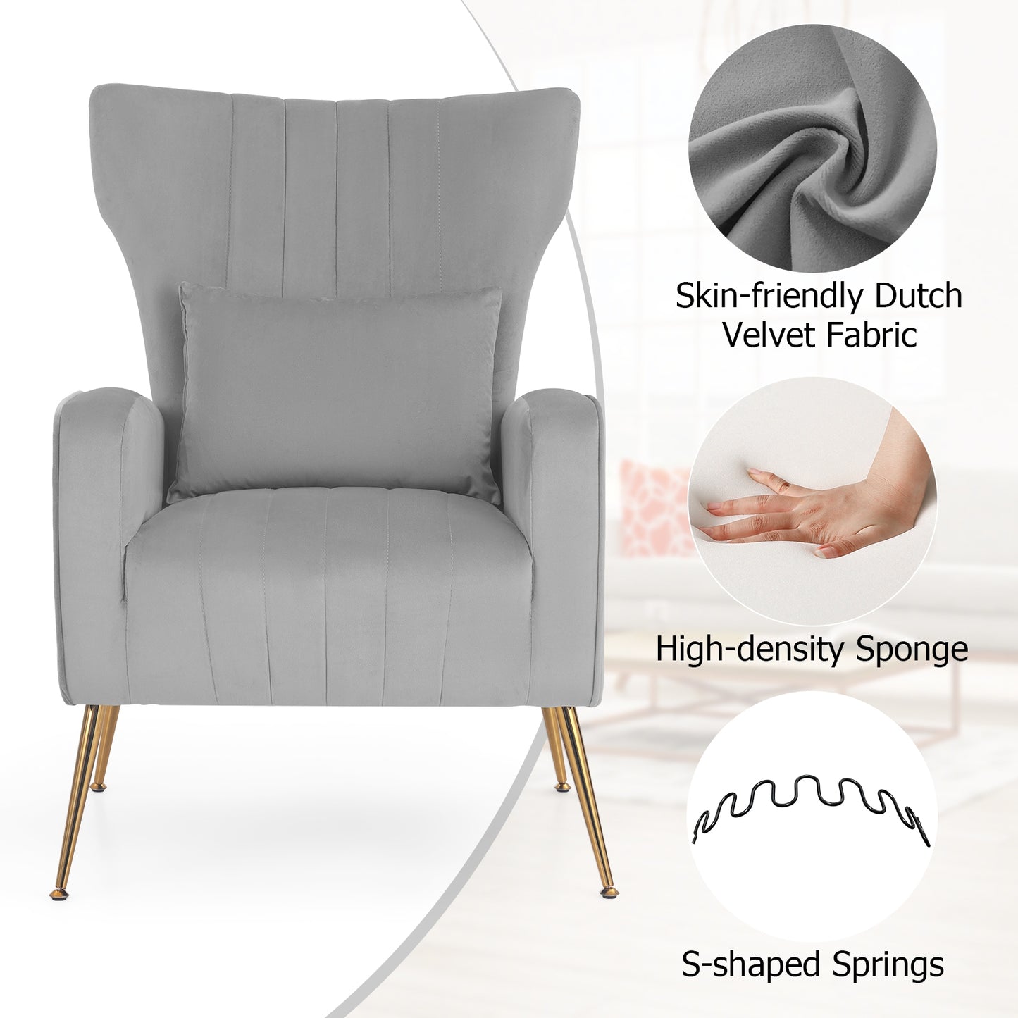 Velvet Upholstered Wingback Chair with Lumbar Pillow and Golden Metal Legs-Gray