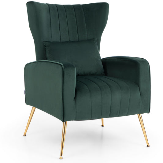 Velvet Upholstered Wingback Chair with Lumbar Pillow and Golden Metal Legs-Turquoise
