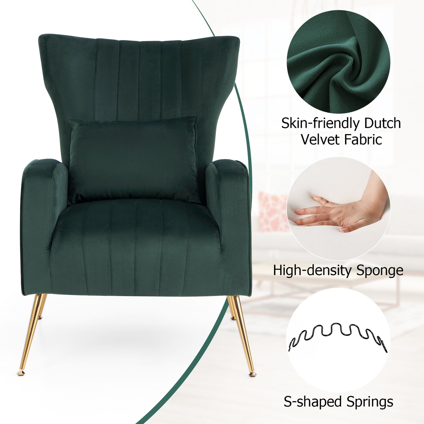 Velvet Upholstered Wingback Chair with Lumbar Pillow and Golden Metal Legs-Turquoise