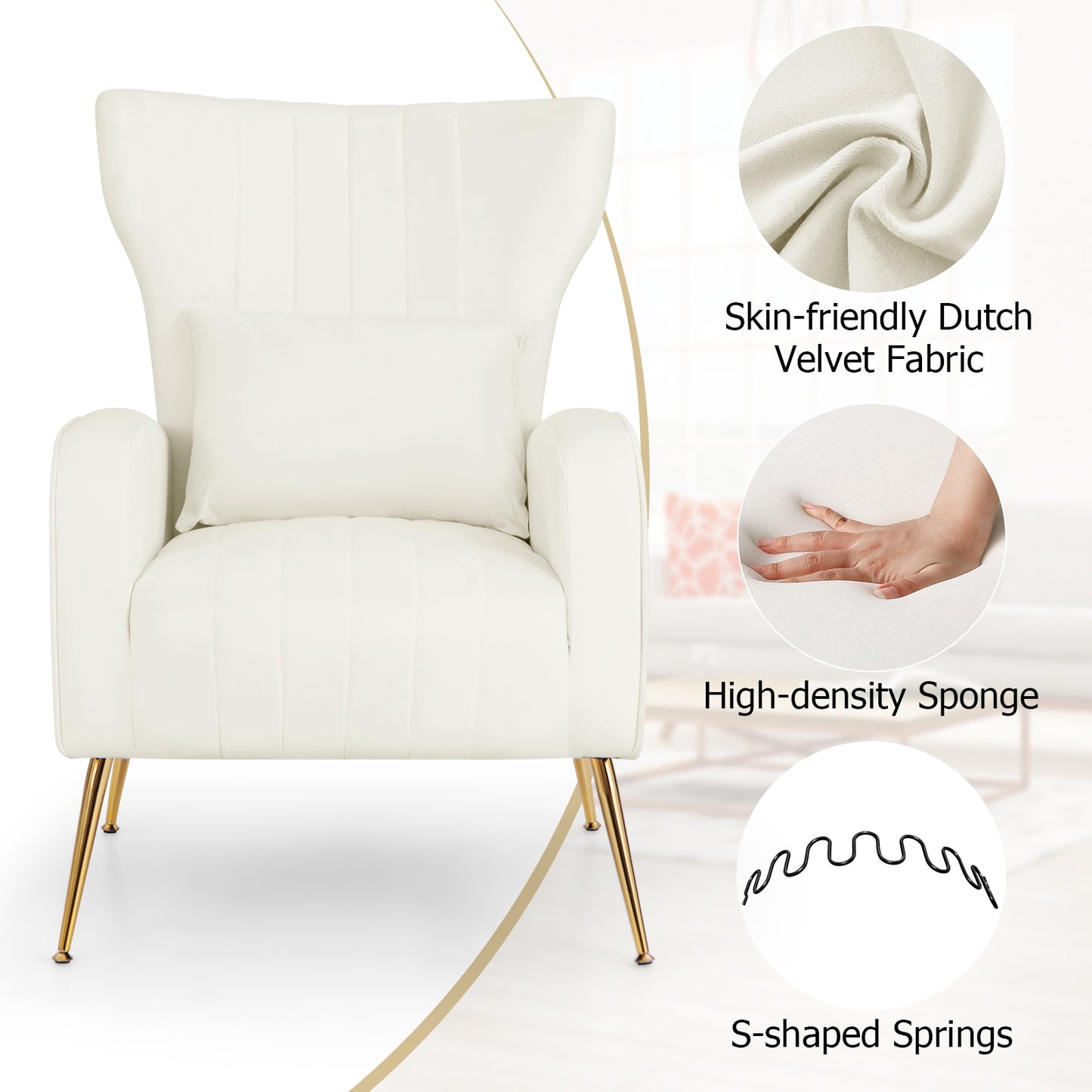 Velvet Upholstered Wingback Chair with Lumbar Pillow and Golden Metal Legs-White