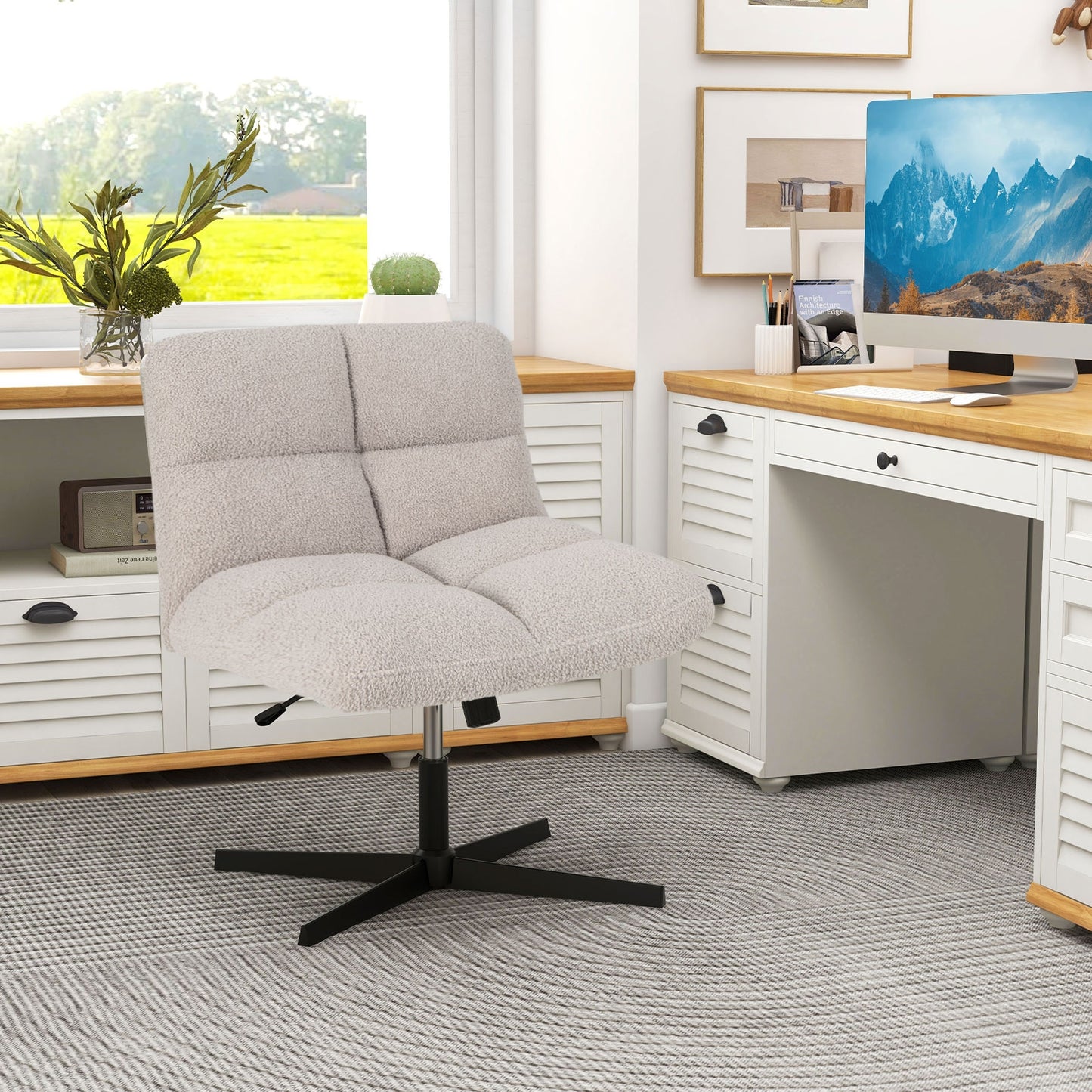 Office Armless Chair Cross Legged with Imitation Lamb Fleece and Adjustable Height-Gray