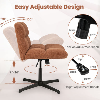 Office Armless Chair Cross Legged with Imitation Lamb Fleece and Adjustable Height-Brown