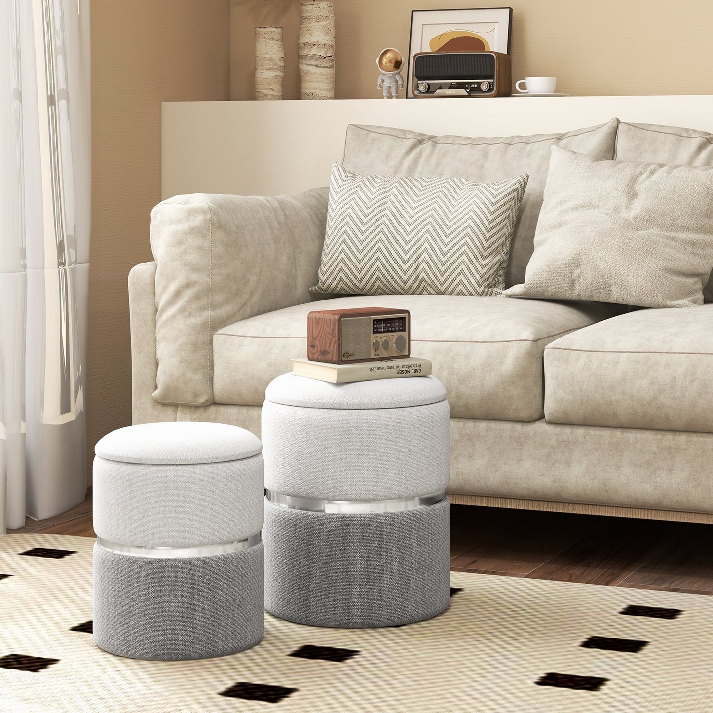 Velvet/Linen Fabric Storage Ottoman Set of 2-Black