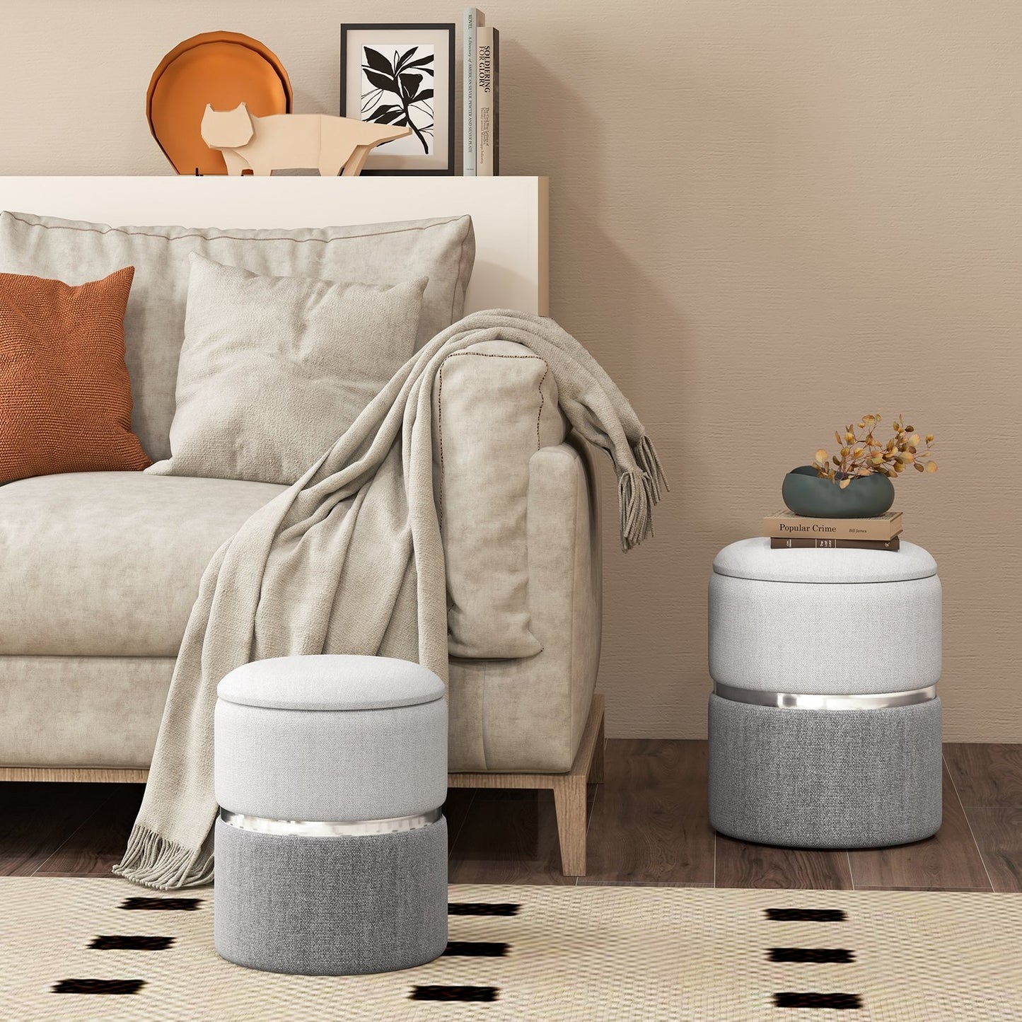 Velvet/Linen Fabric Storage Ottoman Set of 2-Black
