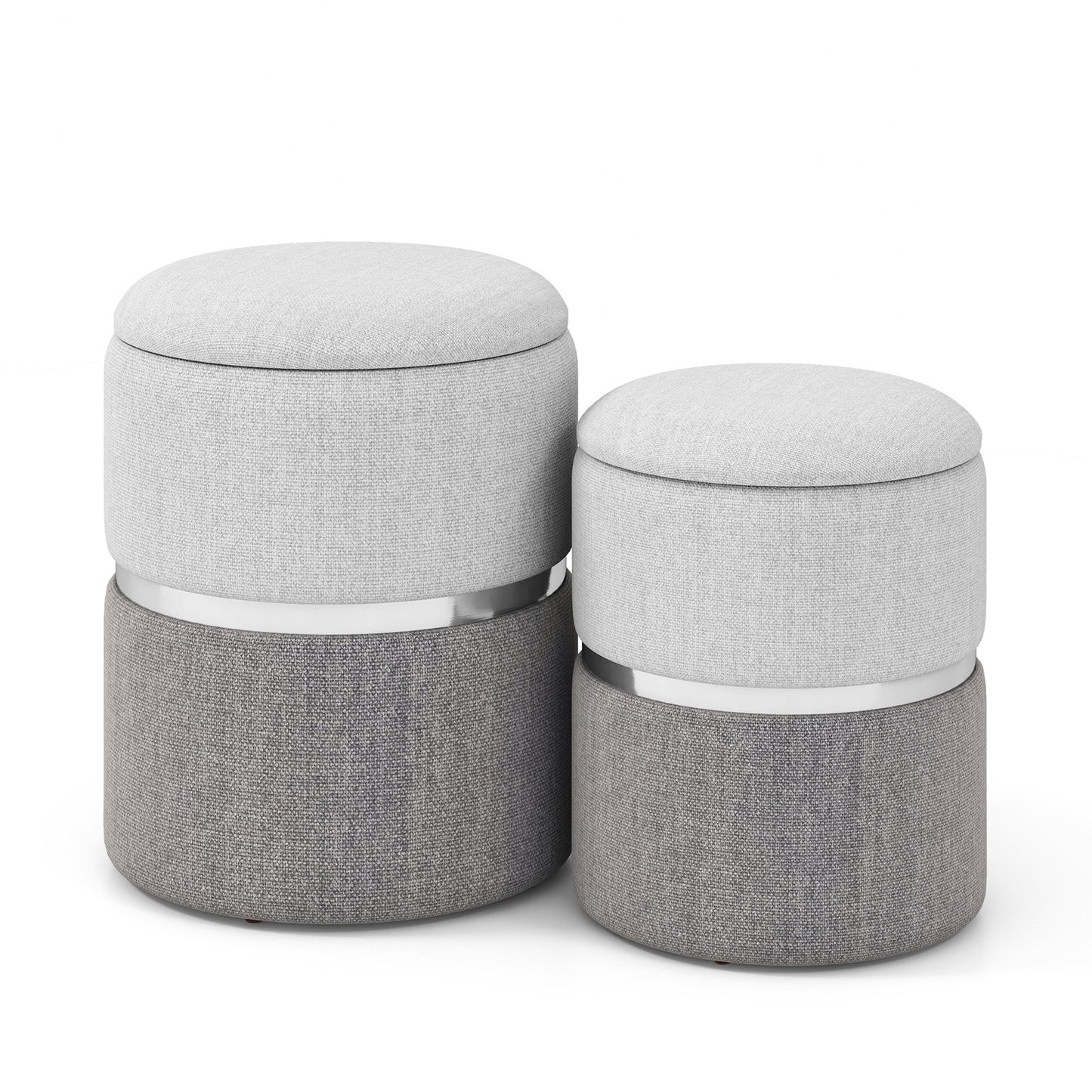 Velvet/Linen Fabric Storage Ottoman Set of 2-Gray