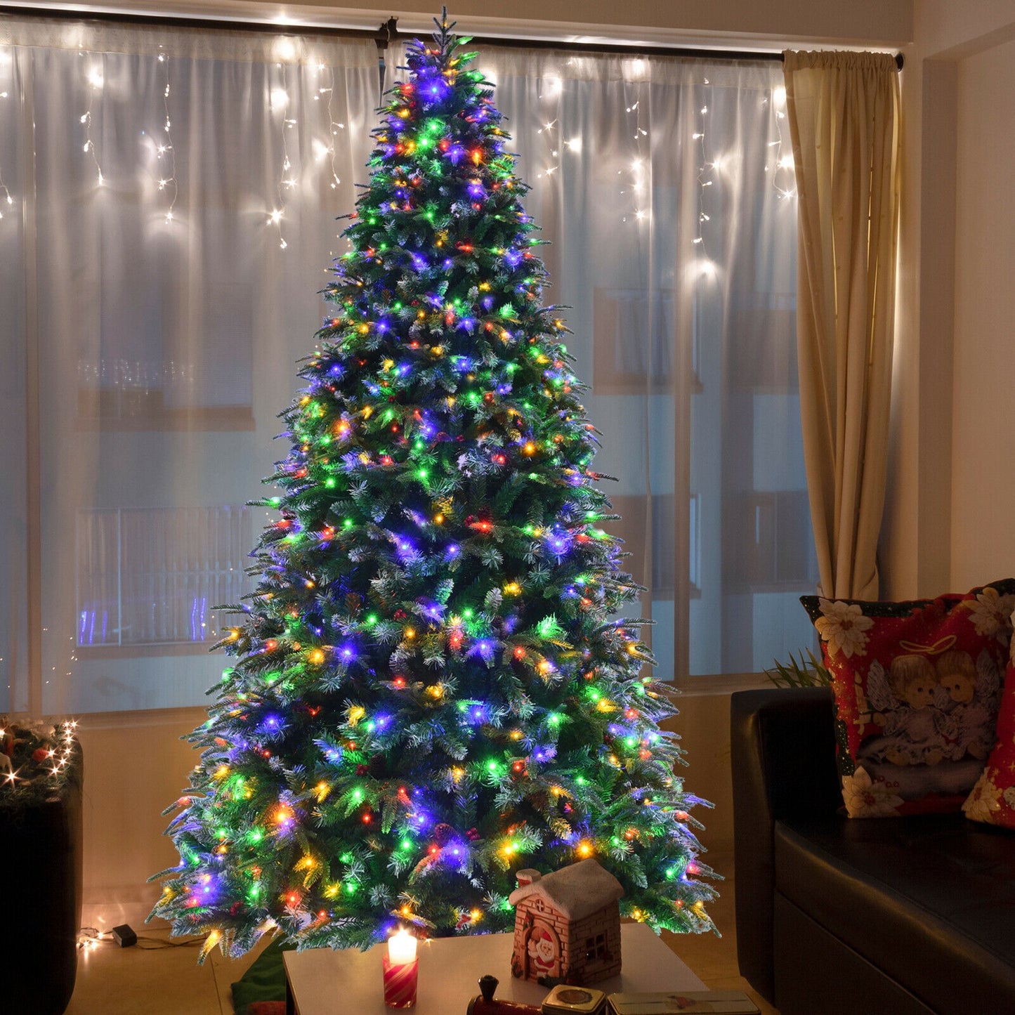Pre-Lit Snowy Christmas Hinged Tree with Multi-Color Lights-9'
