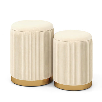 Velvet/Linen Fabric Storage Ottoman Set of 2-Golden