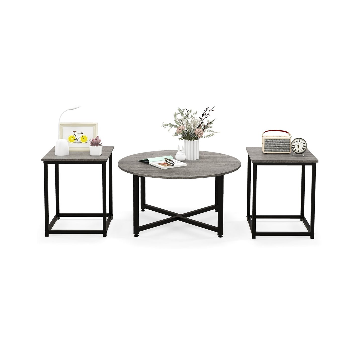 3-Piece Coffee Table Set Round Coffee Table and 2PCS Square End Tables-Gray