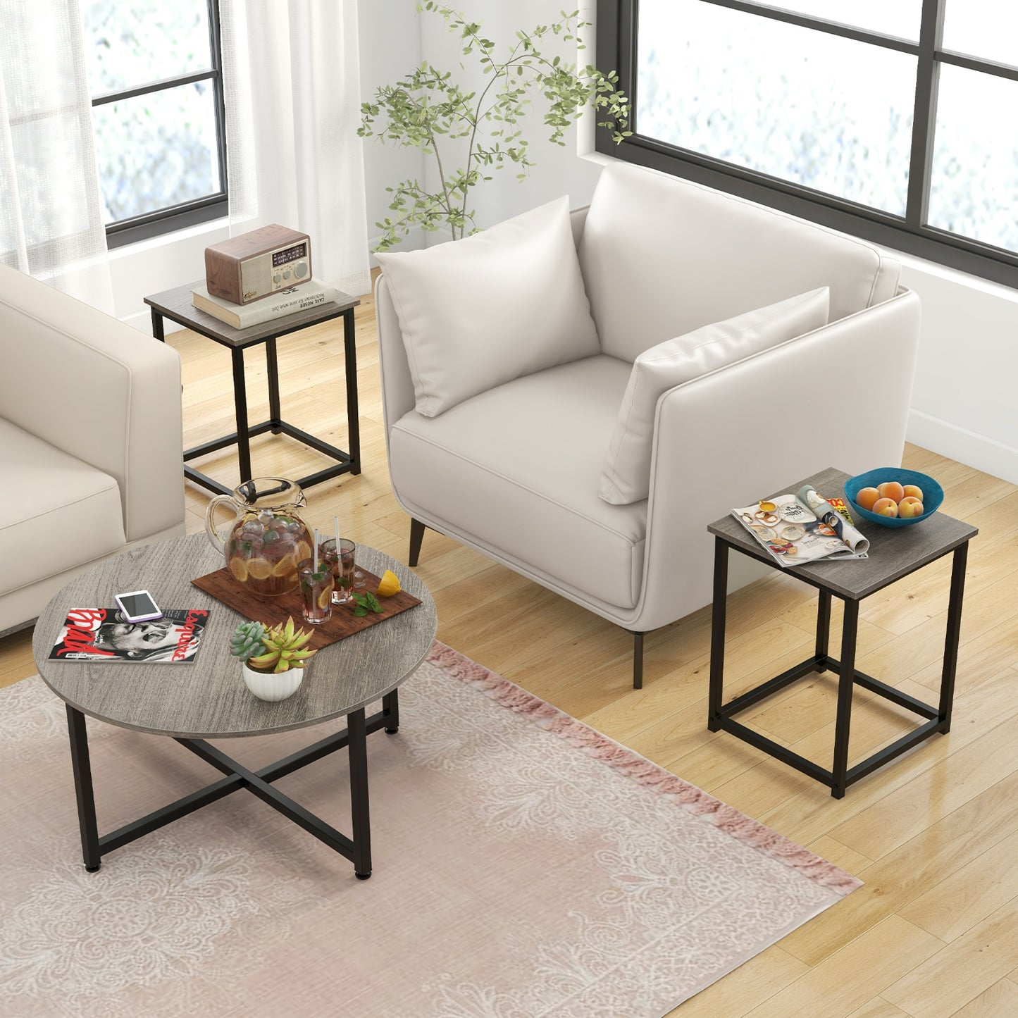3-Piece Coffee Table Set Round Coffee Table and 2PCS Square End Tables-Gray