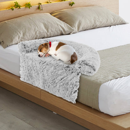 White Plush Calming Dog Couch Bed with Anti-Slip Bottom-S