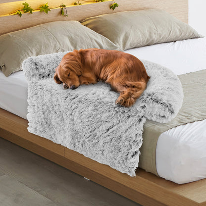 Gray Plush Calming Dog Couch Bed with Anti-Slip Bottom-L