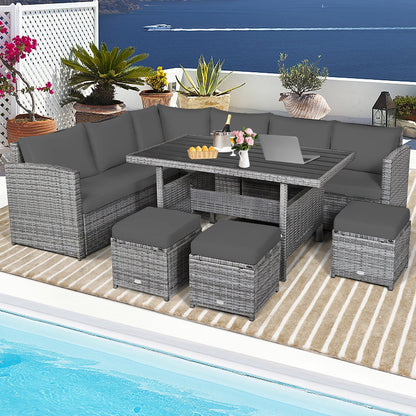7 Pcs All-Weather Patio Rattan Dining Furniture Sectional Sofa Set with Wicker Ottoman and Cushed Couch-Off White