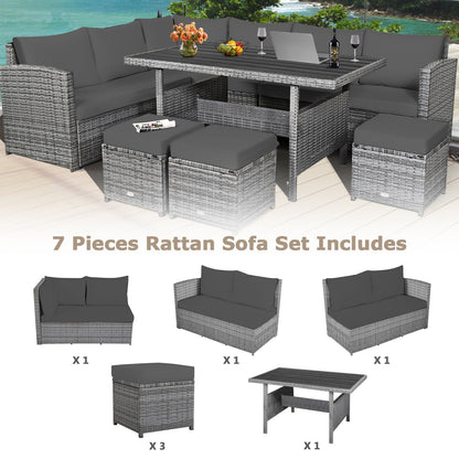 7 Pcs All-Weather Patio Rattan Dining Furniture Sectional Sofa Set with Wicker Ottoman and Cushed Couch-Off White