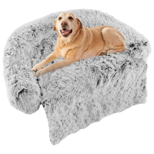 Gray Plush Calming Dog Couch Bed with Anti-Slip Bottom-L