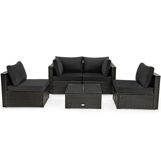 5 Pieces Cushioned Patio Rattan Furniture Set with Glass Table-Black