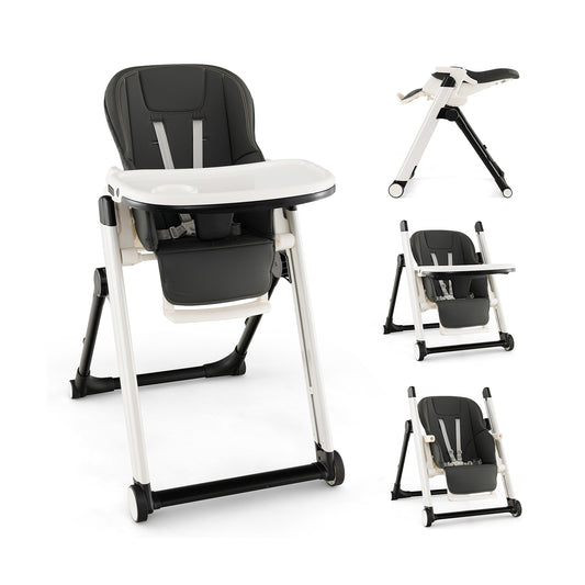 Foldable Feeding Sleep Playing High Chair with Recline Backrest for Babies and Toddlers-Dark Gray