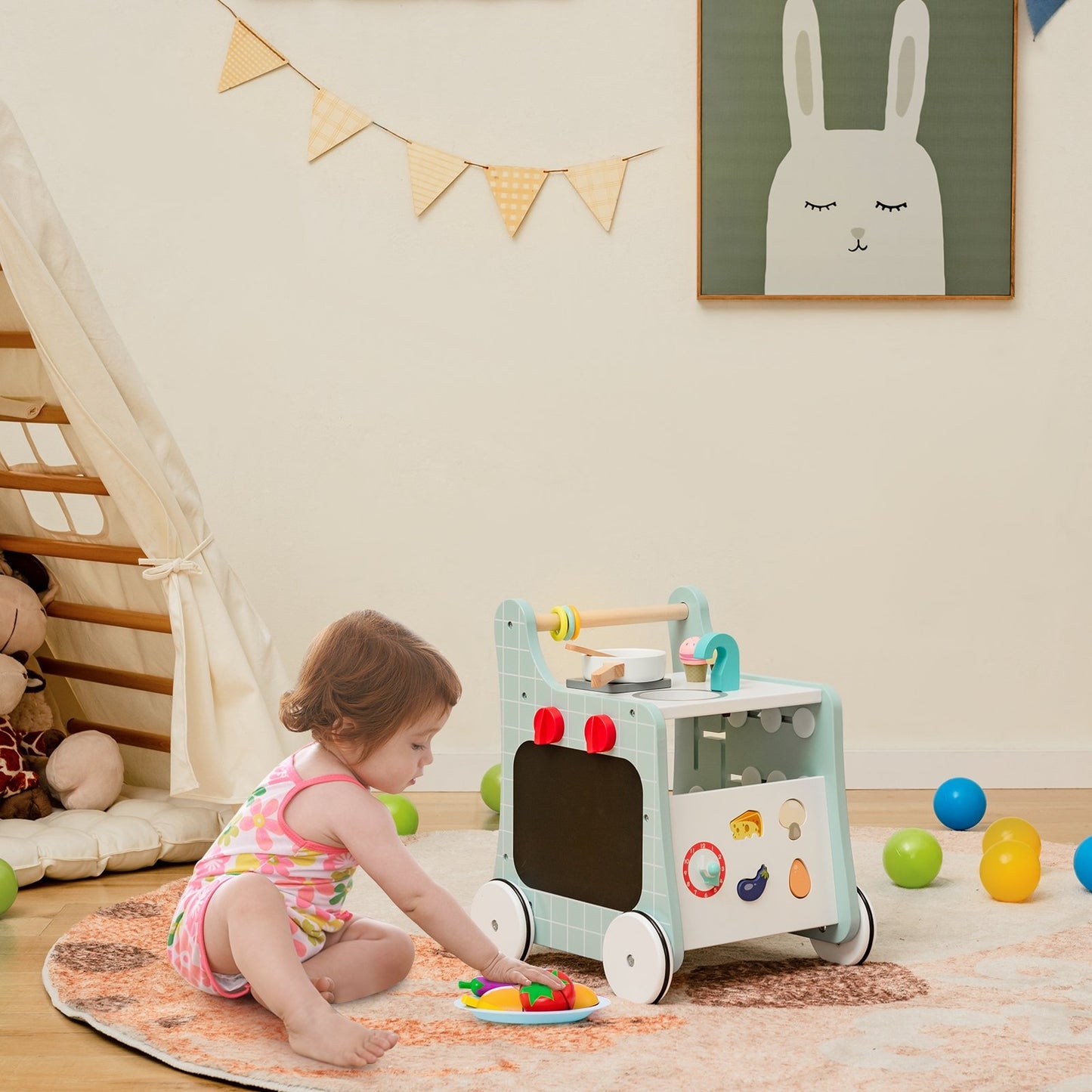 6-in-1 Wooden Baby Stroller with Play Kitchen for Kids Over 12 Months-Blue