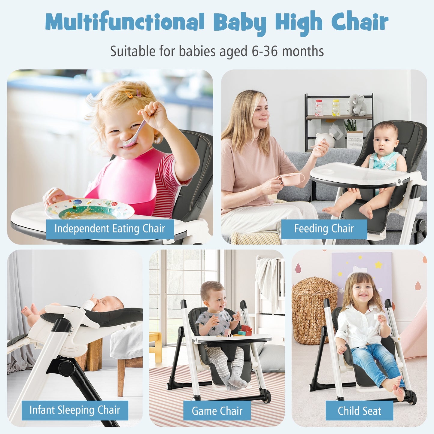 Foldable Feeding Sleep Playing High Chair with Recline Backrest for Babies and Toddlers-Dark Gray