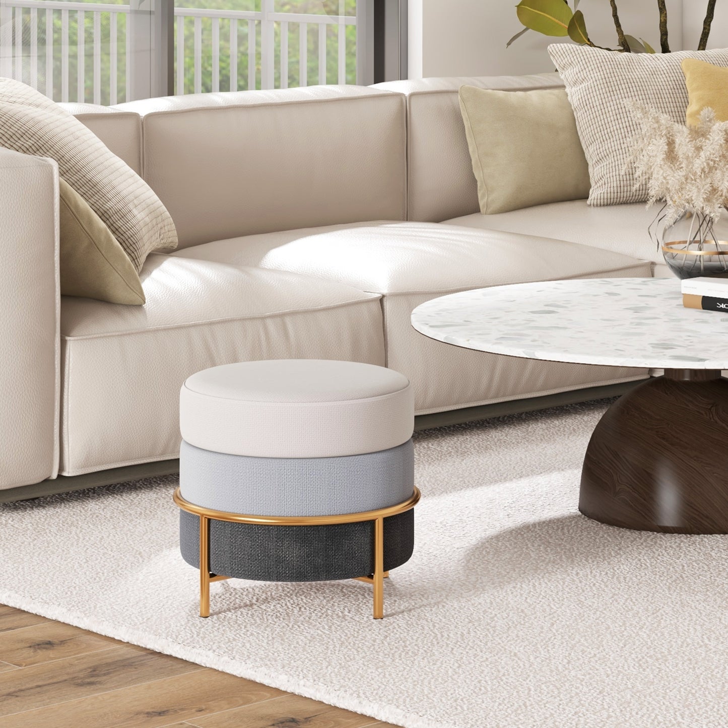 Upholstered Linen Fabric Ottoman with Gold Metal Legs and Anti-slip Foot Pads-Gray
