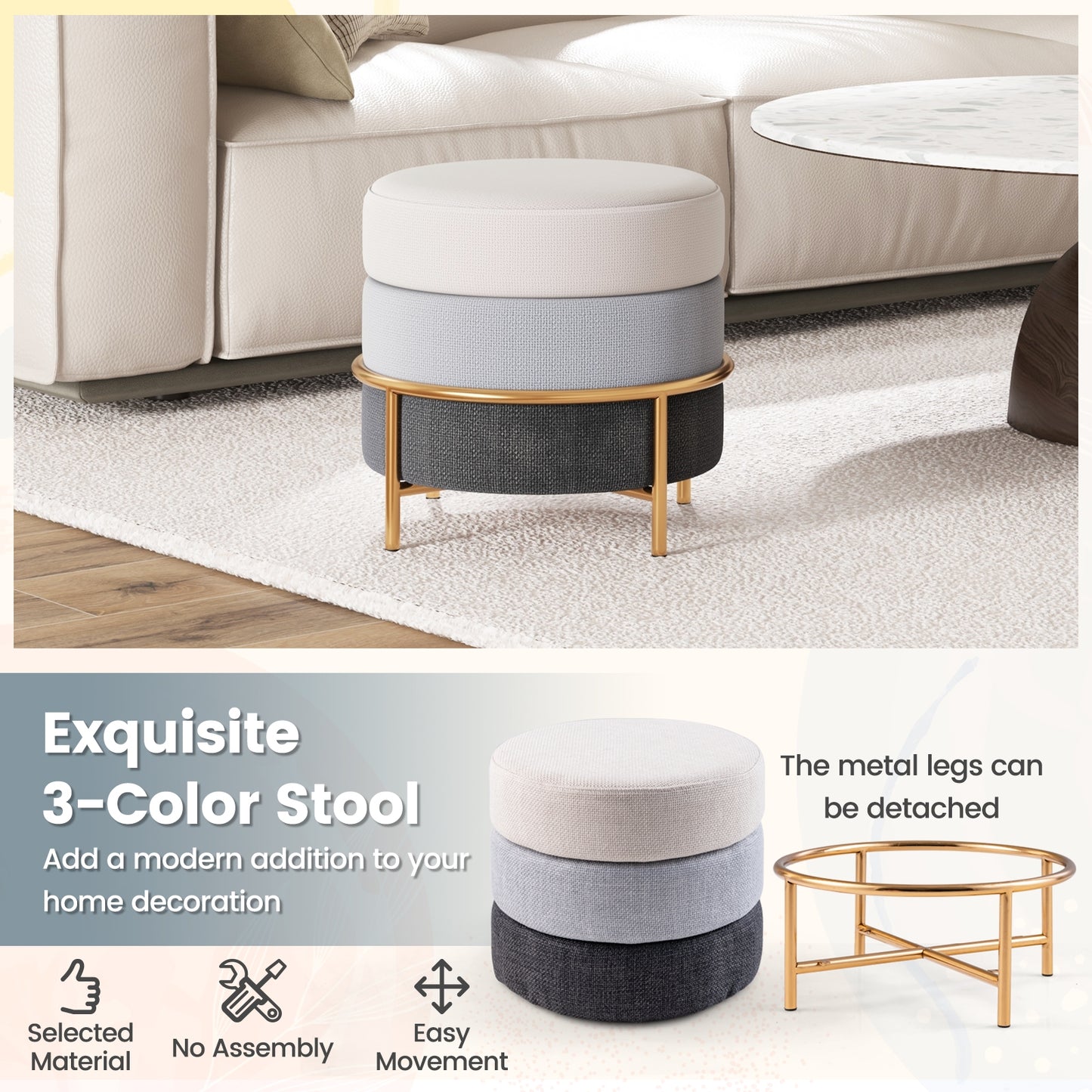Upholstered Linen Fabric Ottoman with Gold Metal Legs and Anti-slip Foot Pads-Gray