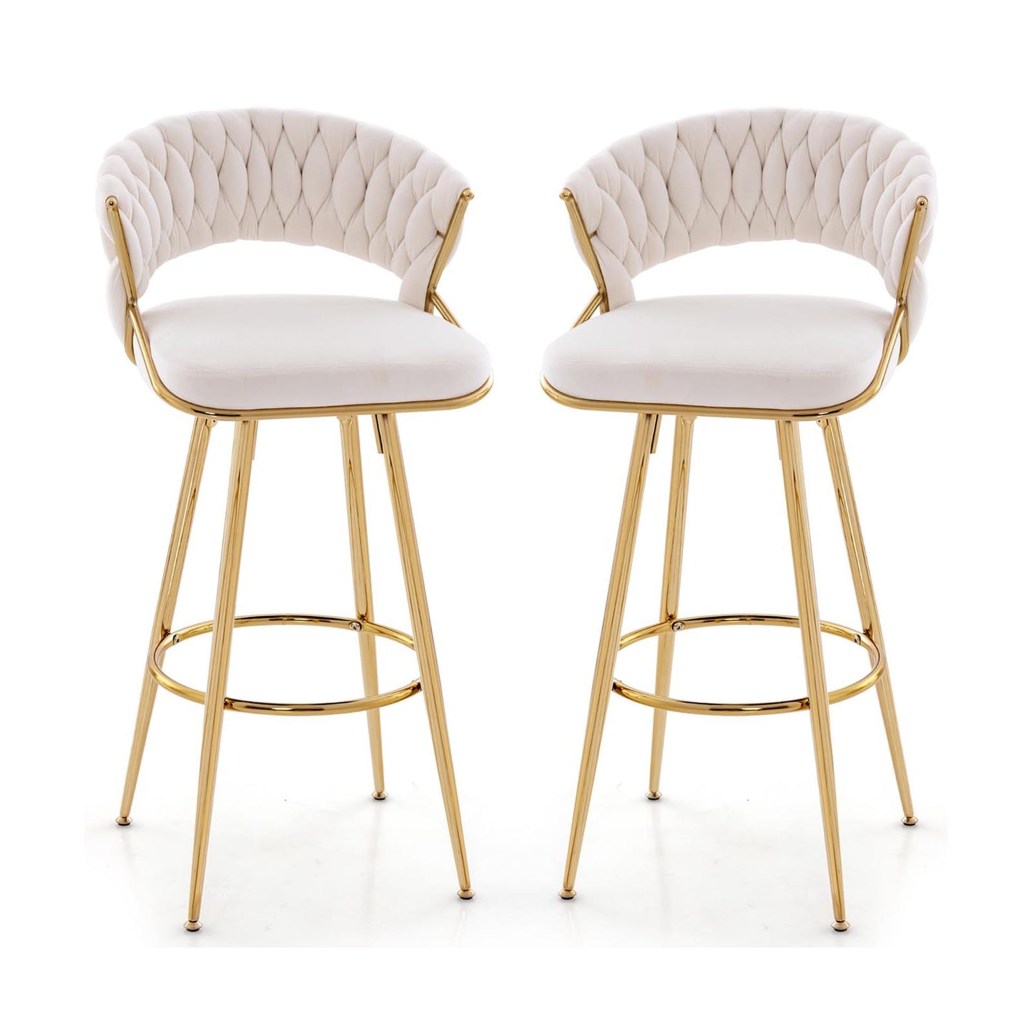 29 Inch Velvet Bar Stool Set of 2 with Woven Backrest and Gold Metal Legs-Beige