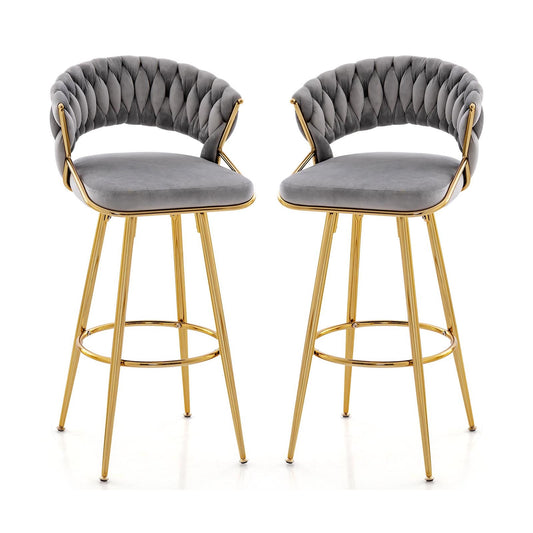 29 Inch Velvet Bar Stool Set of 2 with Woven Backrest and Gold Metal Legs-Gray