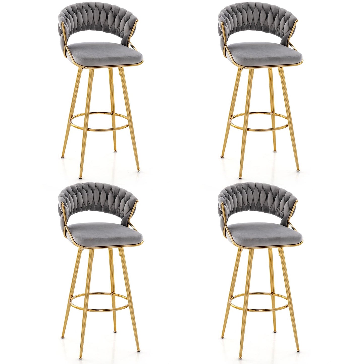 29 Inch Velvet Bar Stool Set of 2 with Woven Backrest and Gold Metal Legs-Gray