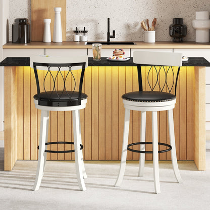 Set of 2 Bar Stools Swivel Bar Chairs with Footrest Rubber Wood Frame and Tufted Rivets-26 inches