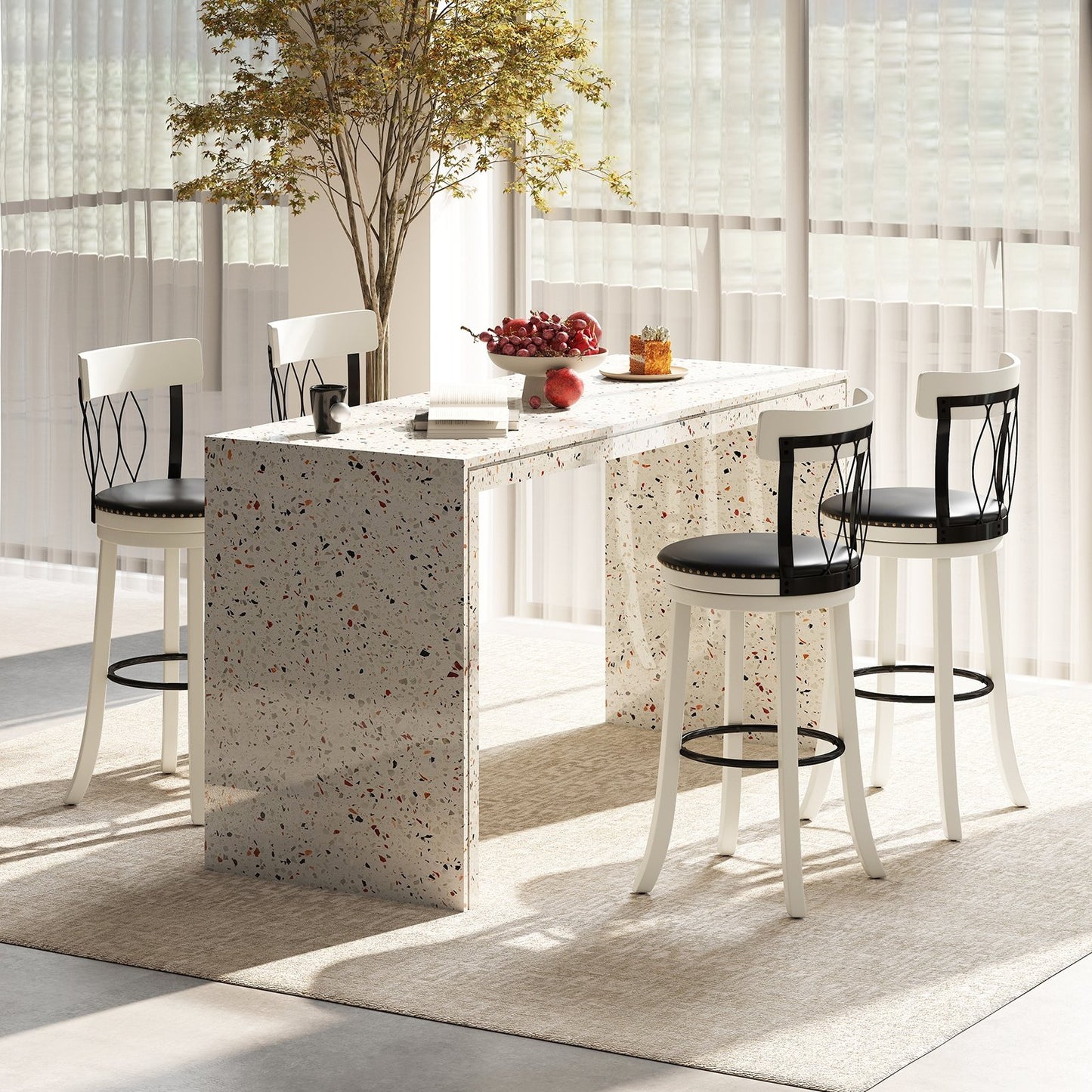 Set of 2 Bar Stools Swivel Bar Chairs with Footrest Rubber Wood Frame and Tufted Rivets-26 inches