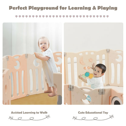 14-Panel Baby Playpen Kids Activity Center Foldable Play Yard with Lock Door-Pink